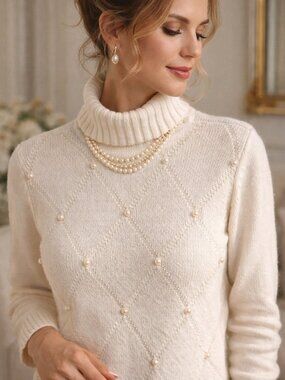 White Pearl Diamond Knit Turtleneck Sweater PL NWOT Petite Elegant Luxe